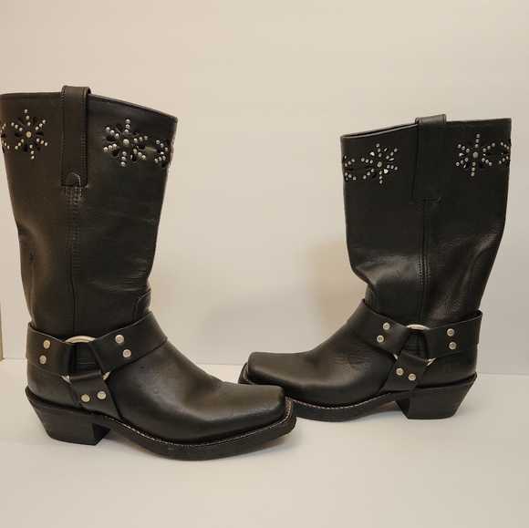 FRYE VINTAGE BLACK 77700 LASER FLORAL STUDDED HARNESS BIKER MOTO BOOT WMS SZ 8D - Picture 13 of 16